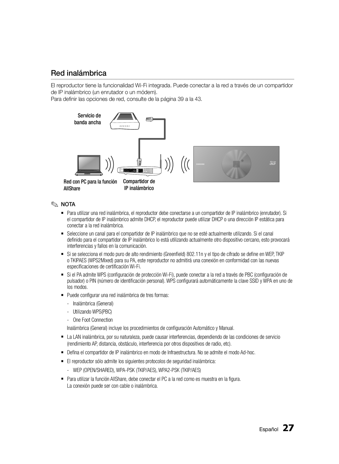 Samsung BD-D7500E/ZF manual Red inalámbrica, Conectar a la red inalámbrica, Interferencias y fallos en la comunicación 