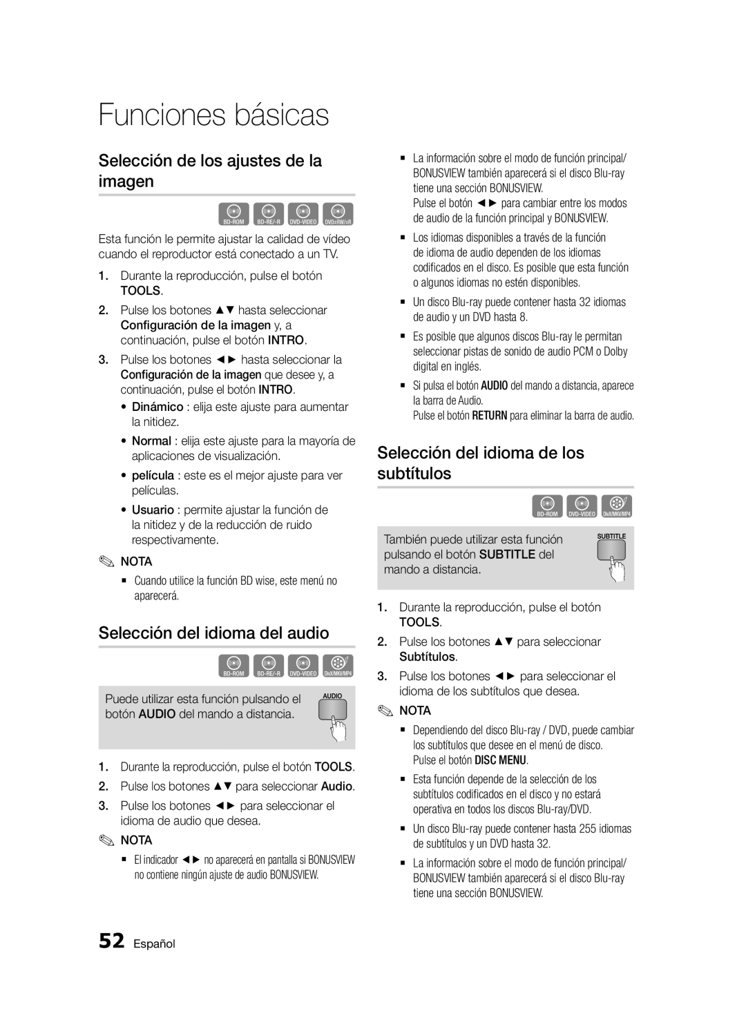 Samsung BD-D7500E/ZF, BD-D7500/XN, BD-D7500/ZF manual Selección de los ajustes de la imagen, Selección del idioma del audio 