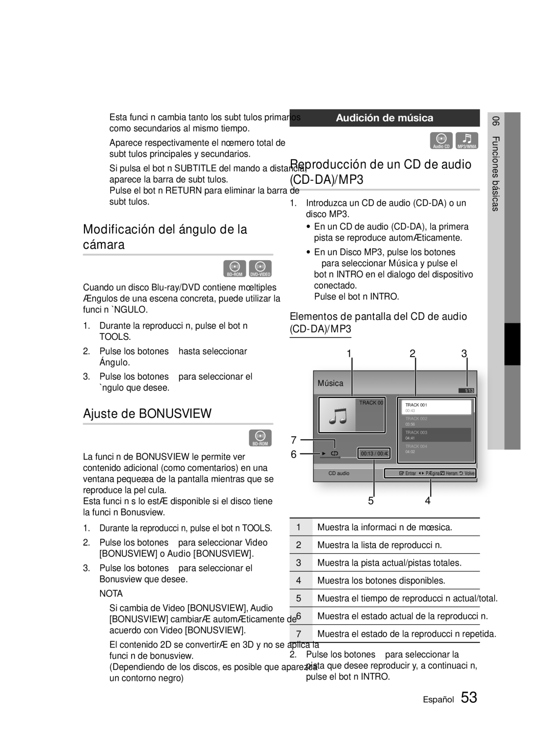 Samsung BD-D7500/XN Modificación del ángulo de la cámara, Ajuste de Bonusview, Reproducción de un CD de audio CD-DA/MP3 