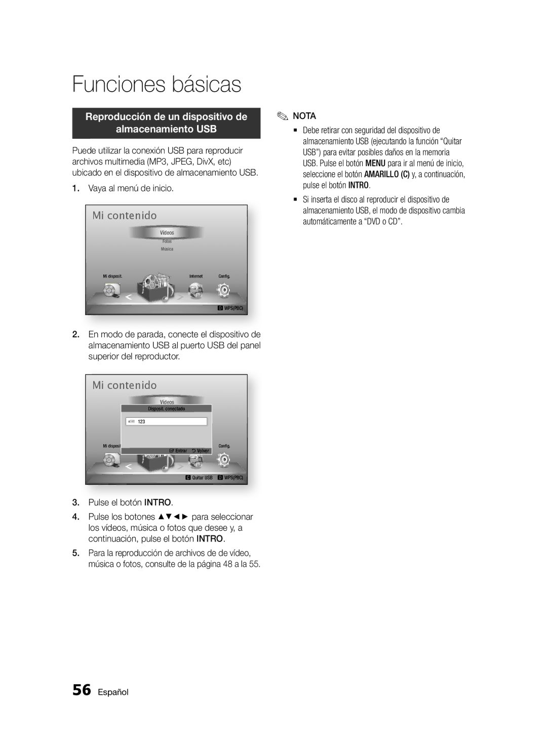 Samsung BD-D7500/EN, BD-D7500/XN, BD-D7500/ZF Reproducción de un dispositivo de Almacenamiento USB, Vaya al menú de inicio 