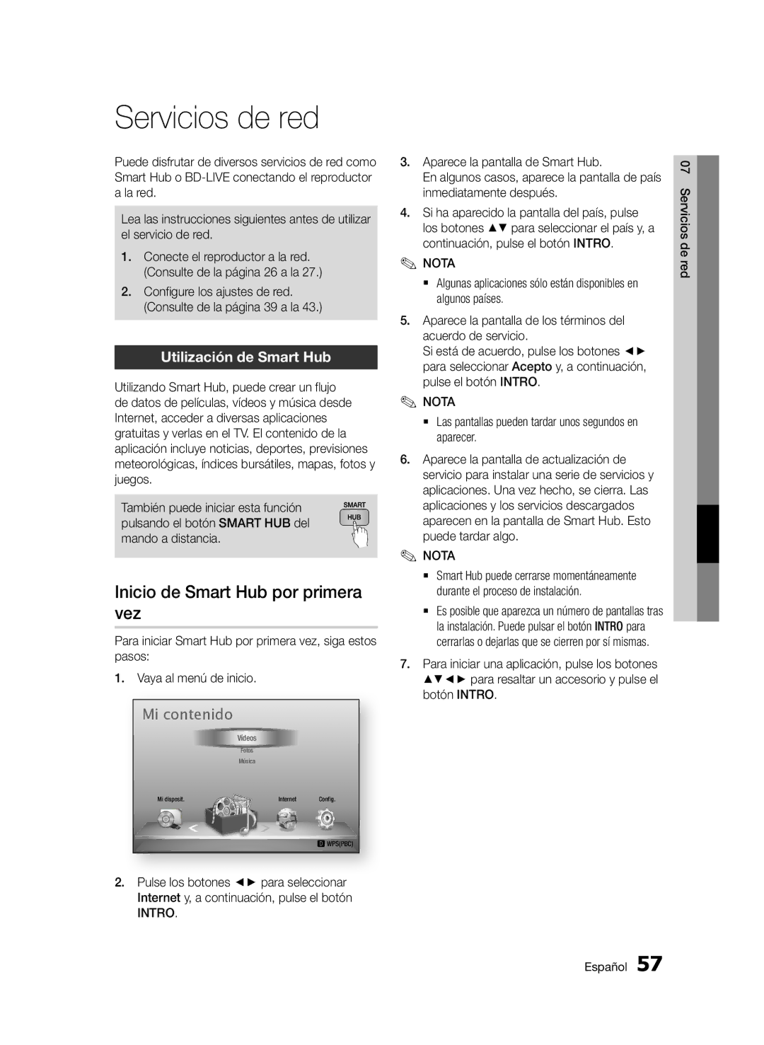 Samsung BD-D7500E/ZF, BD-D7500/XN manual Servicios de red, Inicio de Smart Hub por primera vez, Utilización de Smart Hub 