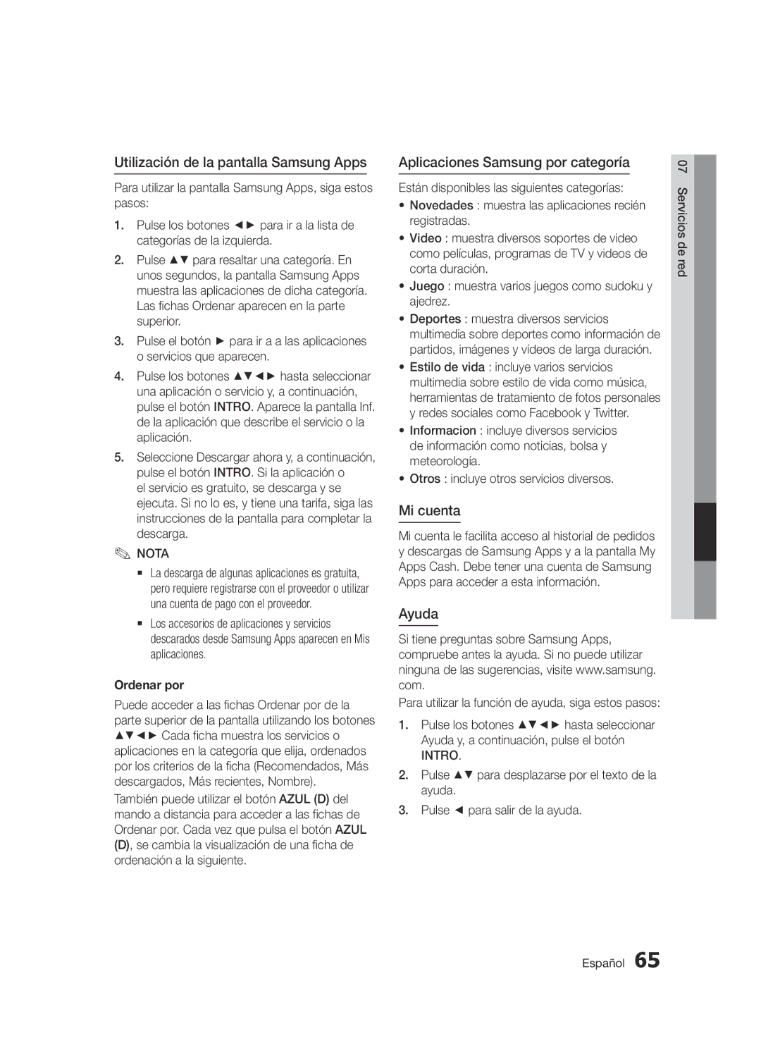 Samsung BD-D7500B/ZF manual Utilización de la pantalla Samsung Apps, Aplicaciones Samsung por categoría, Mi cuenta, Ayuda 