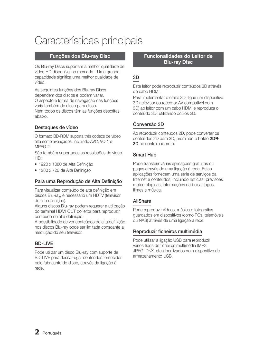 Samsung BD-D7500/XN manual Características principais, Funções dos Blu-ray Disc, Funcionalidades do Leitor de Blu-ray Disc 