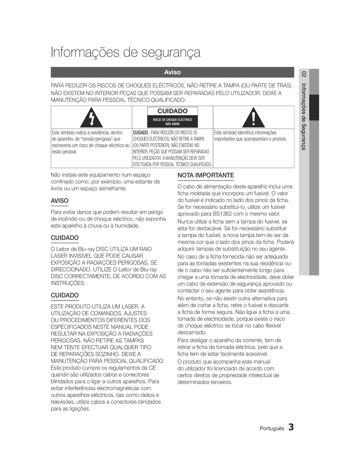 Samsung BD-D7500/ZF, BD-D7500/XN, BD-D7500B/ZF, BD-D7500/EN, BD-D7500E/ZF manual Informações de segurança, Aviso 