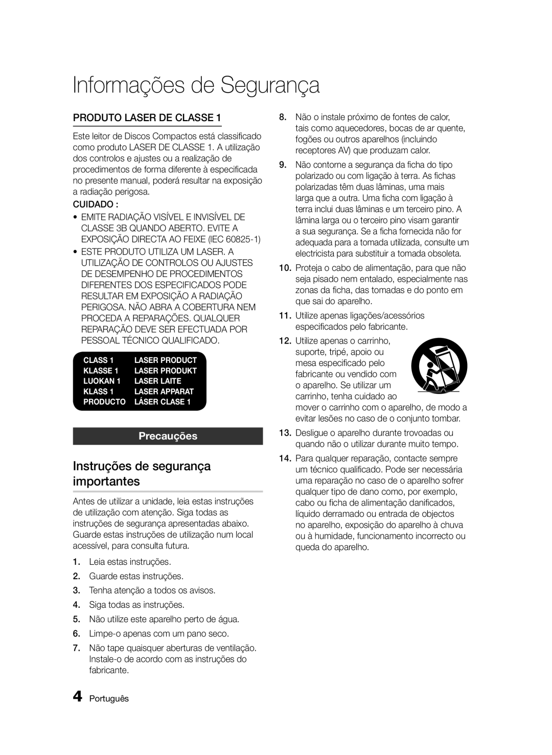 Samsung BD-D7500B/ZF, BD-D7500/XN, BD-D7500/ZF, BD-D7500/EN manual Instruções de segurança importantes, Precauções, Cuidado 