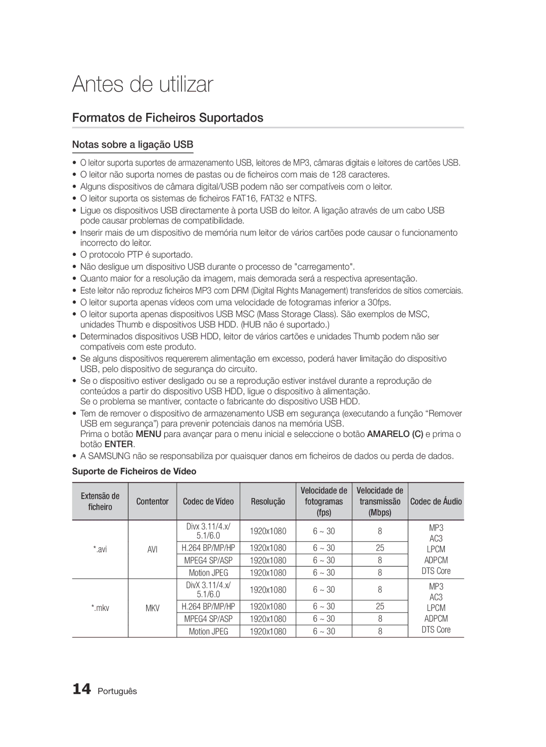 Samsung BD-D7500B/ZF manual Formatos de Ficheiros Suportados, Notas sobre a ligação USB, Suporte de Ficheiros de Vídeo 