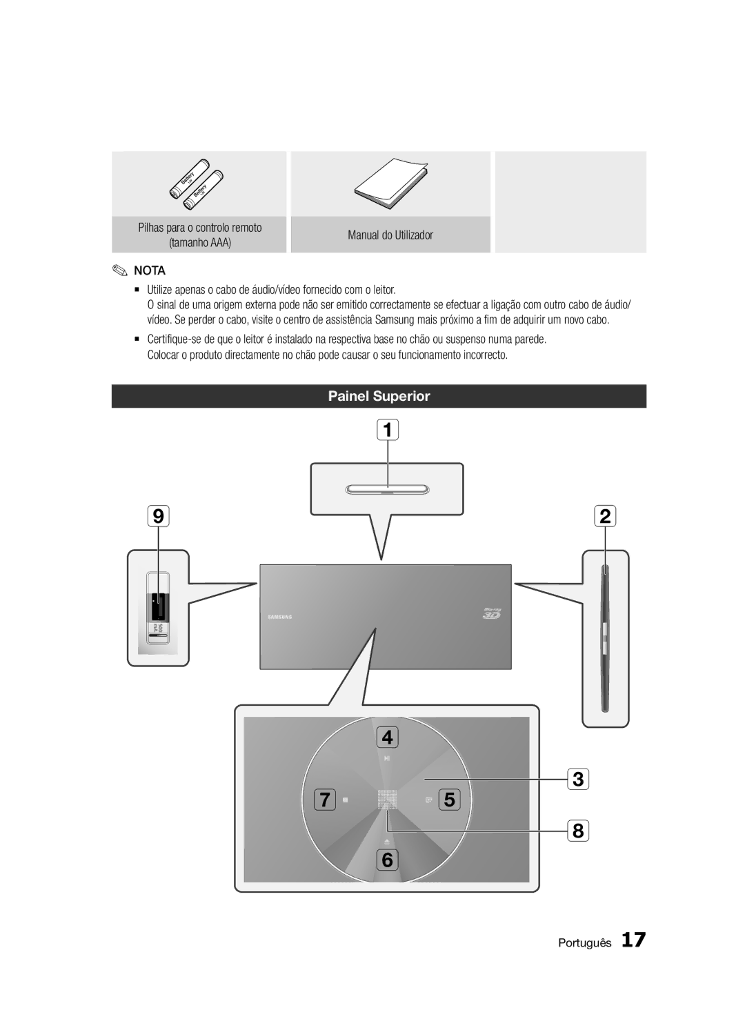 Samsung BD-D7500/XN, BD-D7500/ZF, BD-D7500B/ZF, BD-D7500/EN, BD-D7500E/ZF manual Painel Superior, Nota 