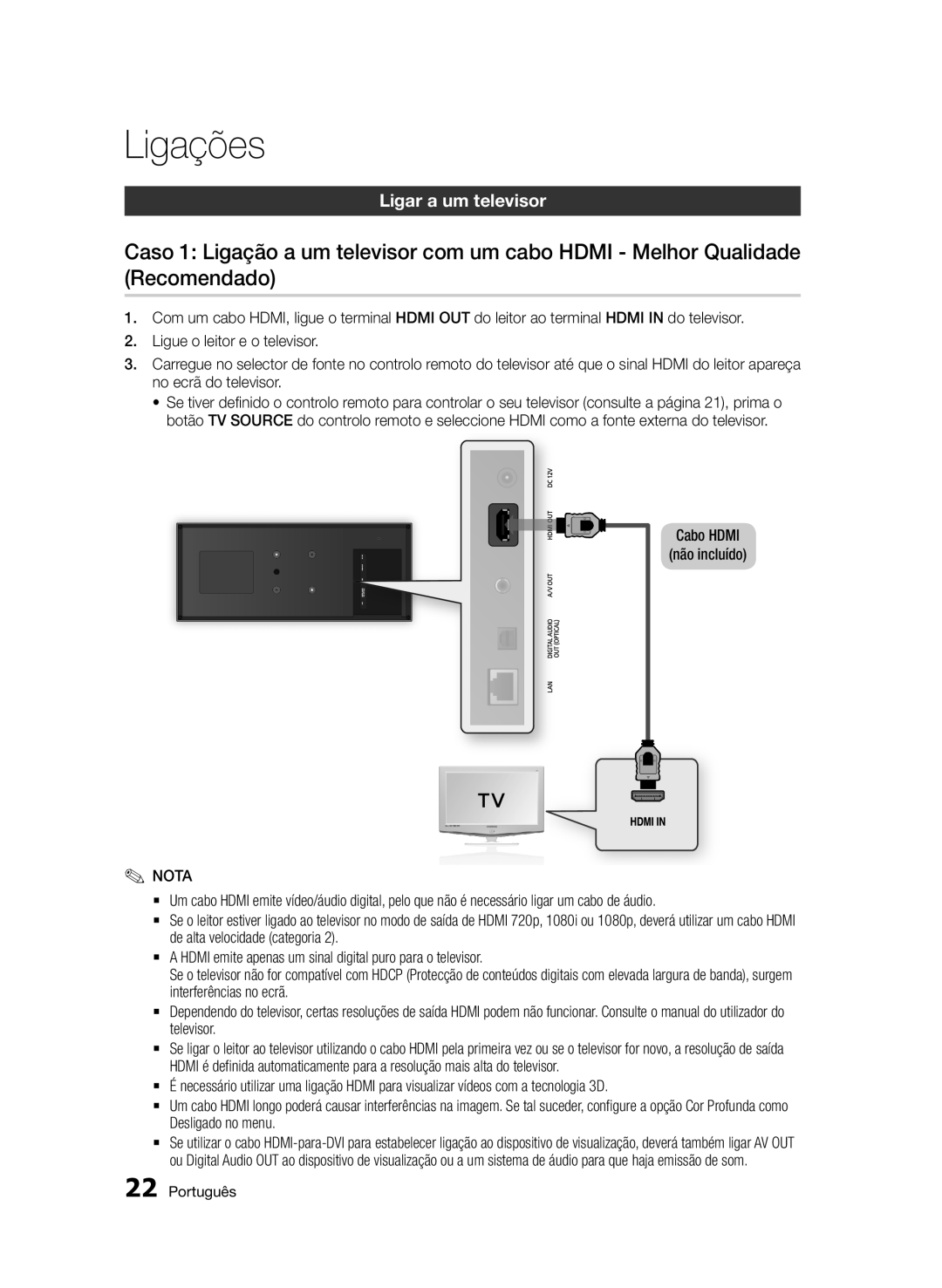 Samsung BD-D7500/XN, BD-D7500/ZF, BD-D7500B/ZF, BD-D7500/EN manual Ligações, Ligar a um televisor, Cabo Hdmi Não incluído 