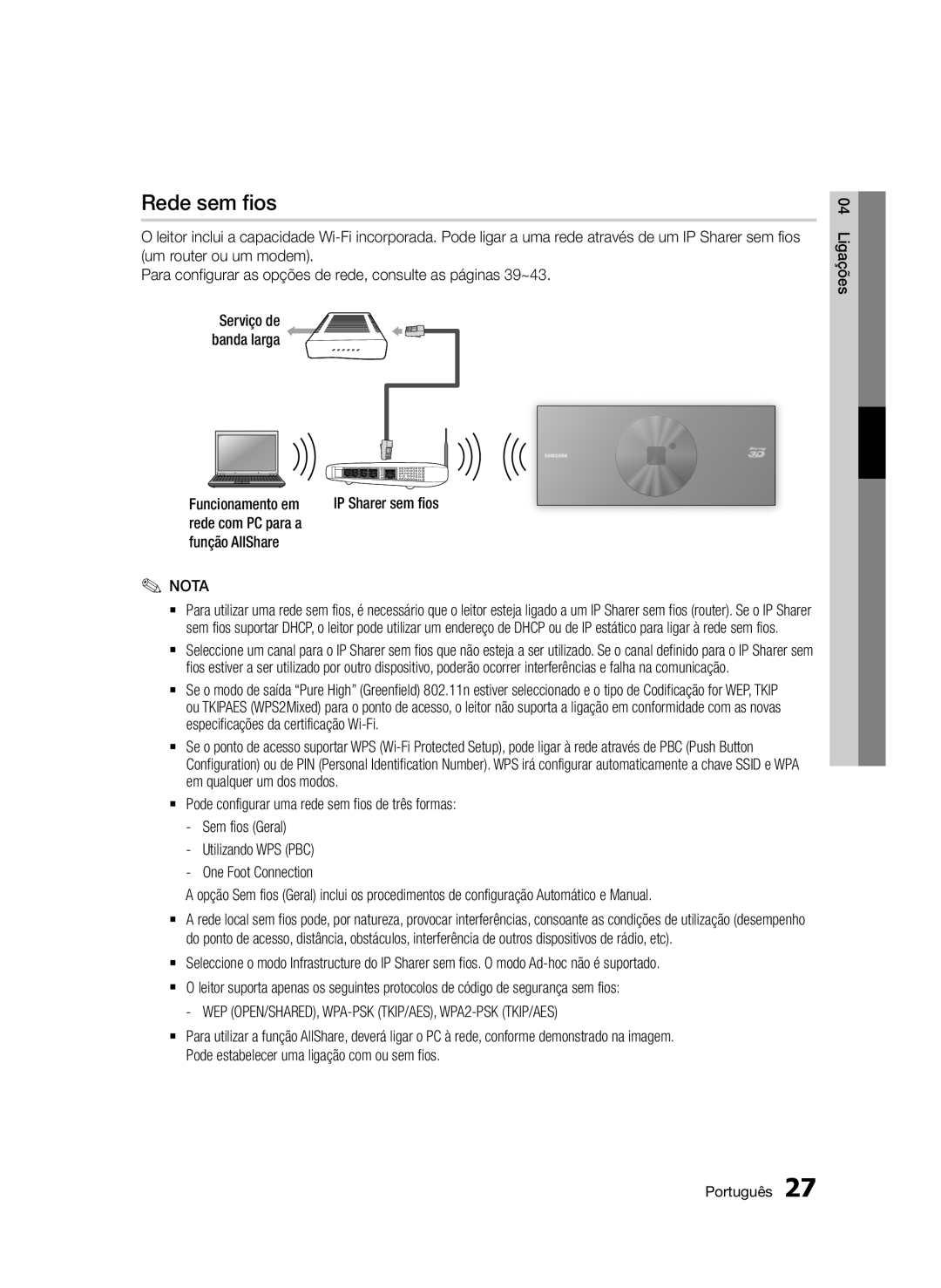 Samsung BD-D7500/XN manual Rede sem fios, Especificações da certificação Wi-Fi, Em qualquer um dos modos, Sem fios Geral 