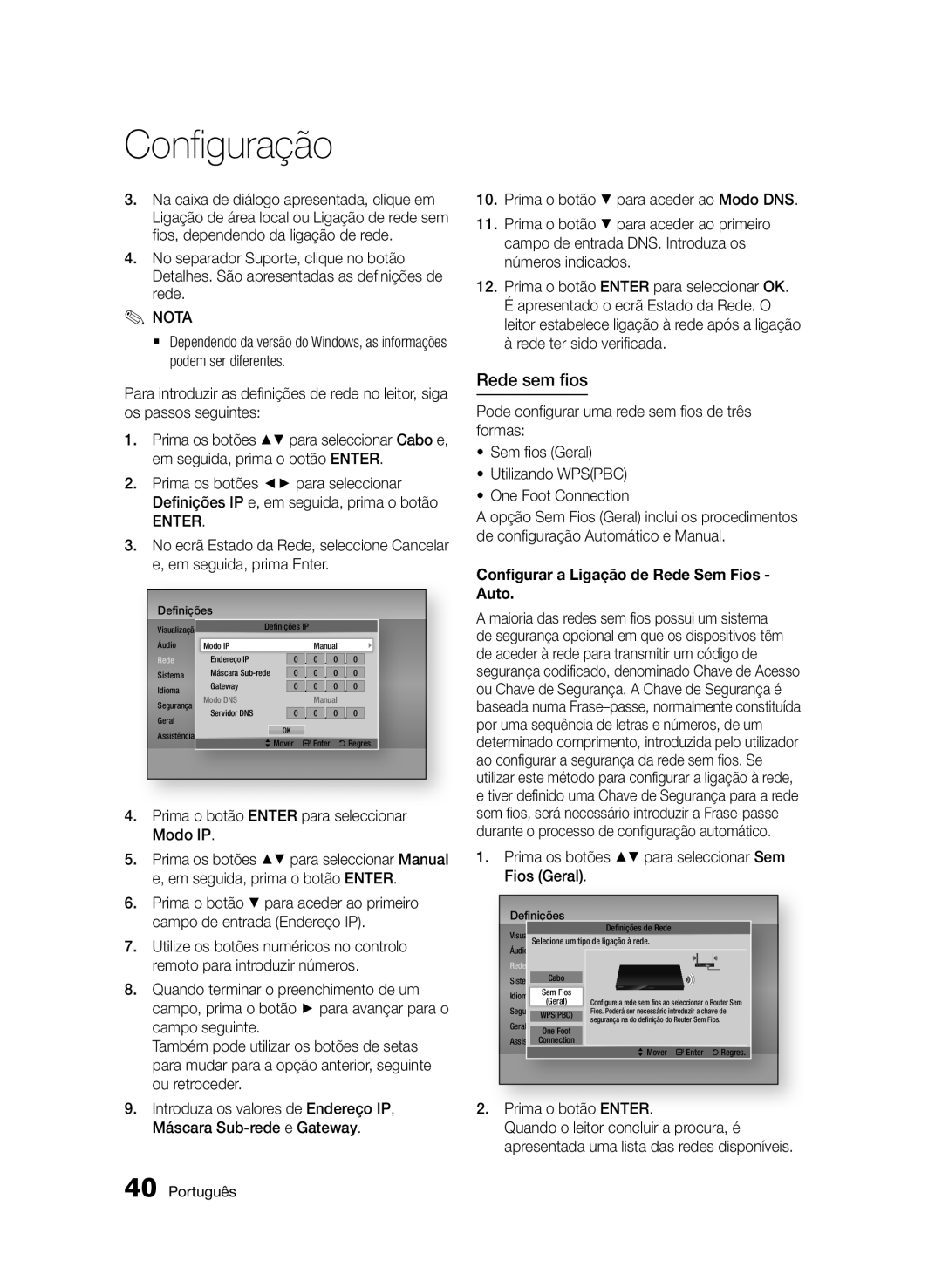 Samsung BD-D7500/EN, BD-D7500/XN, BD-D7500/ZF, BD-D7500B/ZF manual Rede sem fios, Prima o botão Enter para seleccionar Modo IP 