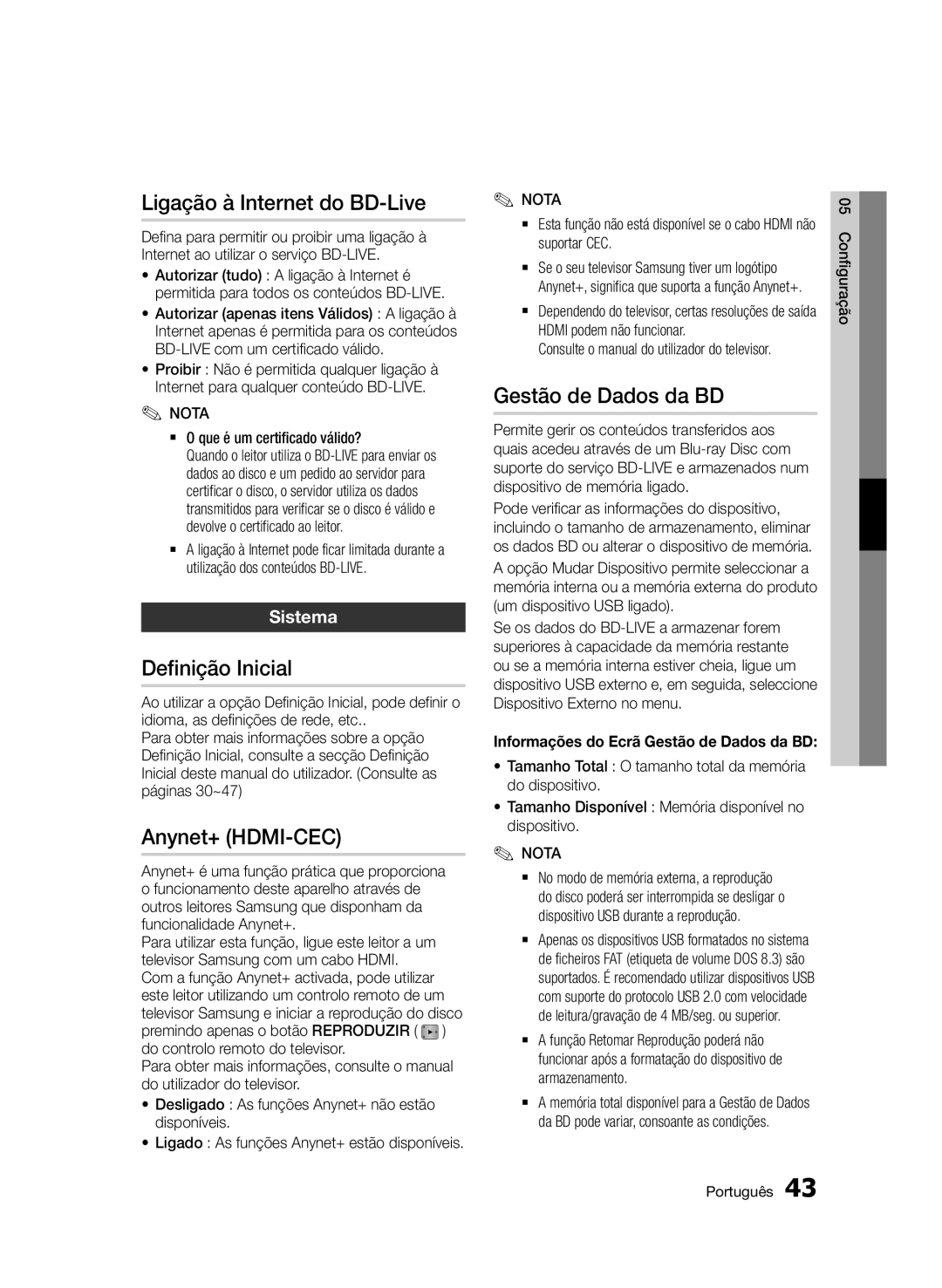 Samsung BD-D7500/ZF, BD-D7500/XN, BD-D7500B/ZF manual Ligação à Internet do BD-Live, Definição Inicial, Gestão de Dados da BD 