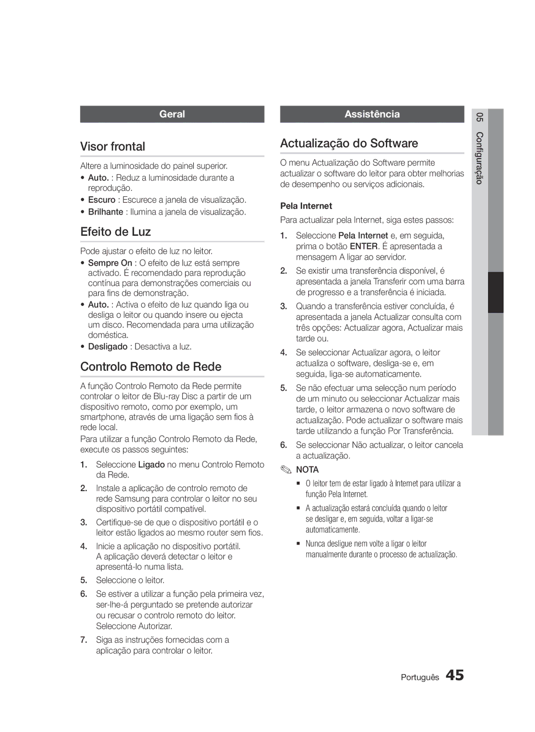 Samsung BD-D7500/EN, BD-D7500/XN manual Visor frontal, Efeito de Luz, Controlo Remoto de Rede, Actualização do Software 