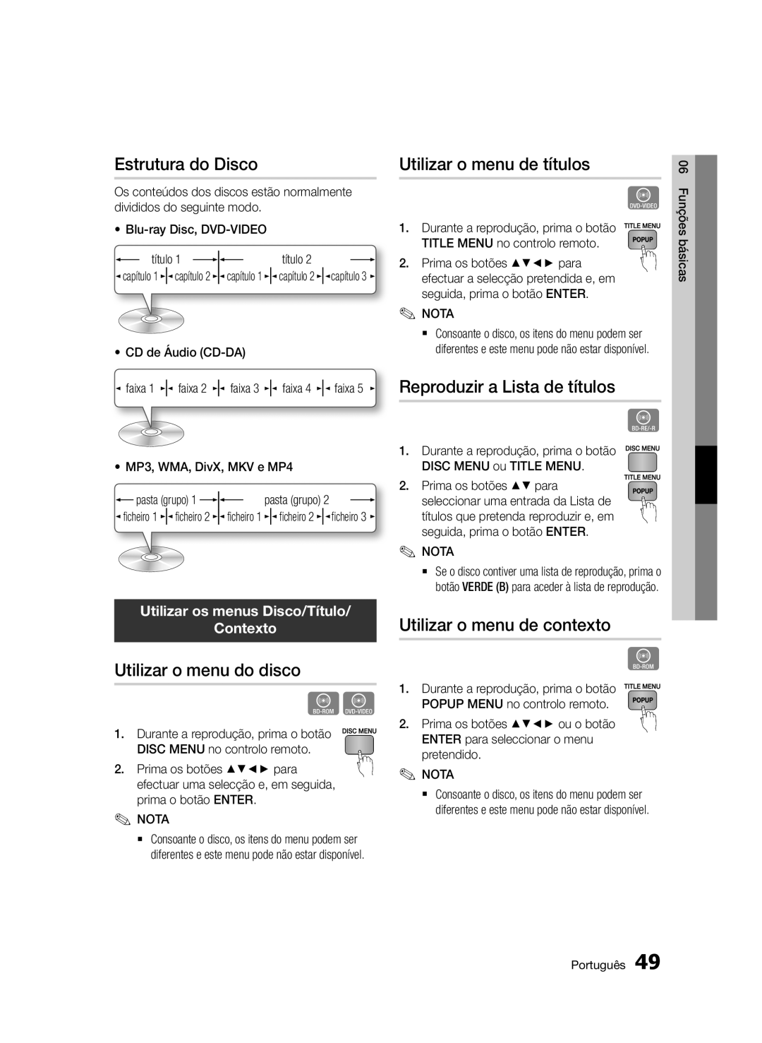 Samsung BD-D7500B/ZF Estrutura do Disco, Utilizar o menu do disco, Utilizar o menu de títulos, Utilizar o menu de contexto 