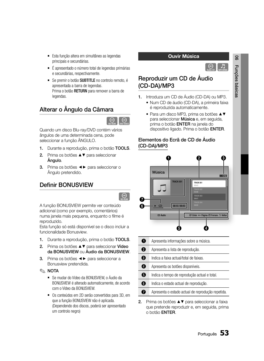 Samsung BD-D7500/ZF manual Alterar o Ângulo da Câmara, Definir Bonusview, Reproduzir um CD de Áudio CD-DA/MP3, Ouvir Música 