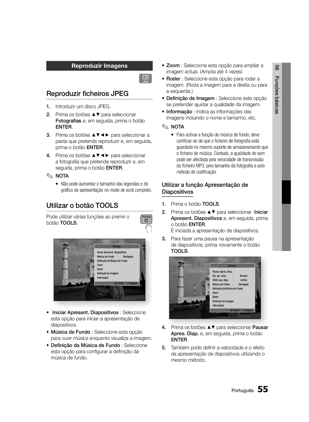 Samsung BD-D7500/EN, BD-D7500/XN, BD-D7500/ZF manual Reproduzir ficheiros Jpeg, Utilizar o botão Tools, Reproduzir Imagens 