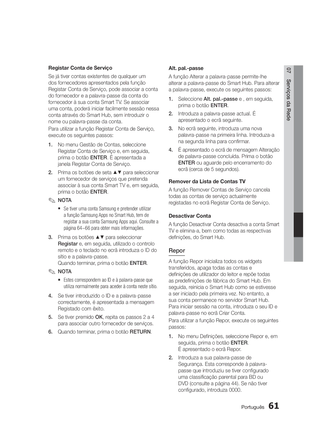 Samsung BD-D7500E/ZF Repor, Registar Conta de Serviço, Alt. pal.-passe, Remover da Lista de Contas TV, Desactivar Conta 