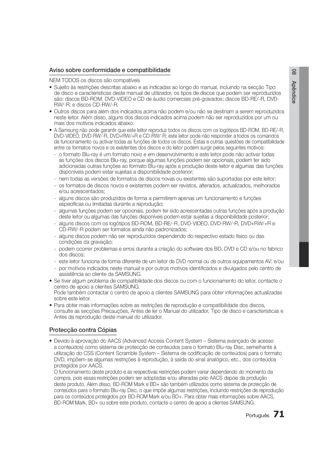 Samsung BD-D7500E/ZF, BD-D7500/XN, BD-D7500/ZF manual Aviso sobre conformidade e compatibilidade, Protecção contra Cópias 