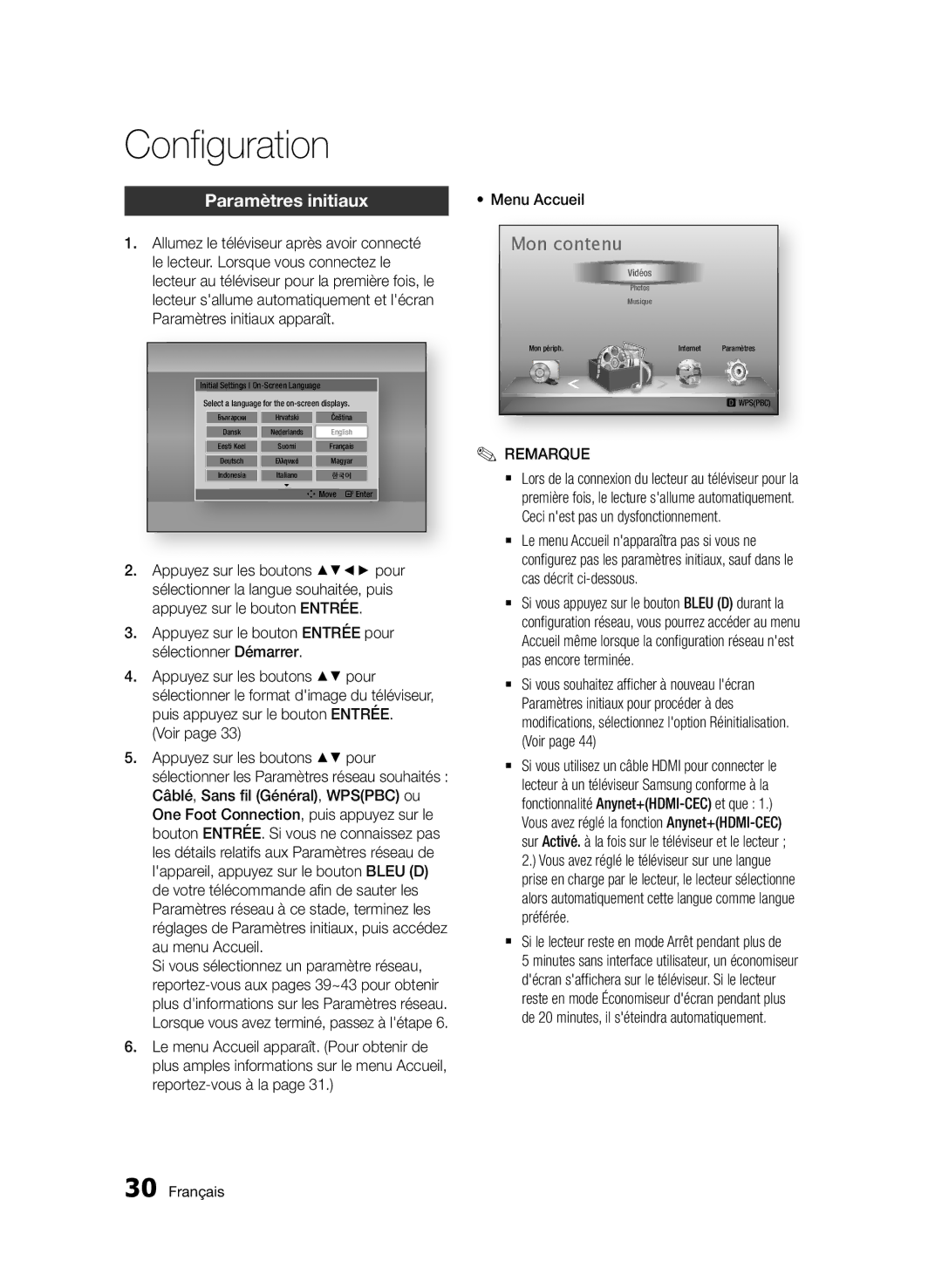 Samsung BD-D7500/XN manual Configuration, Paramètres initiaux, Appuyez sur le bouton Entrée pour sélectionner Démarrer 