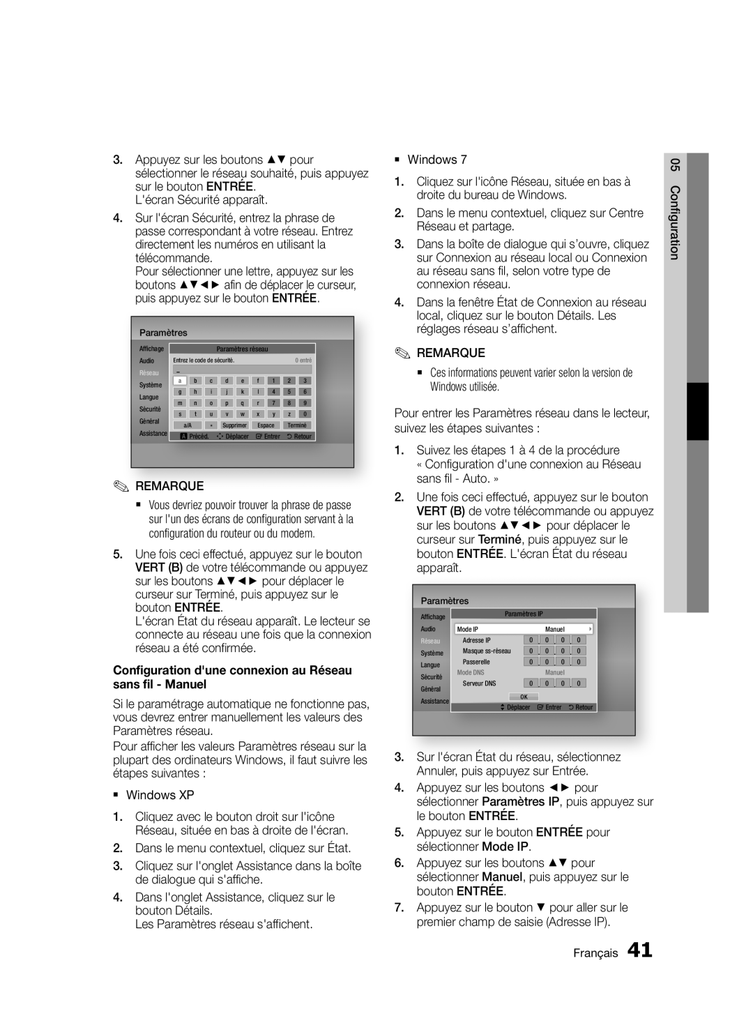 Samsung BD-D7500/ZF, BD-D7500/XN, BD-D7500B/ZF, BD-D7500/EN manual Configuration dune connexion au Réseau sans fil Manuel 