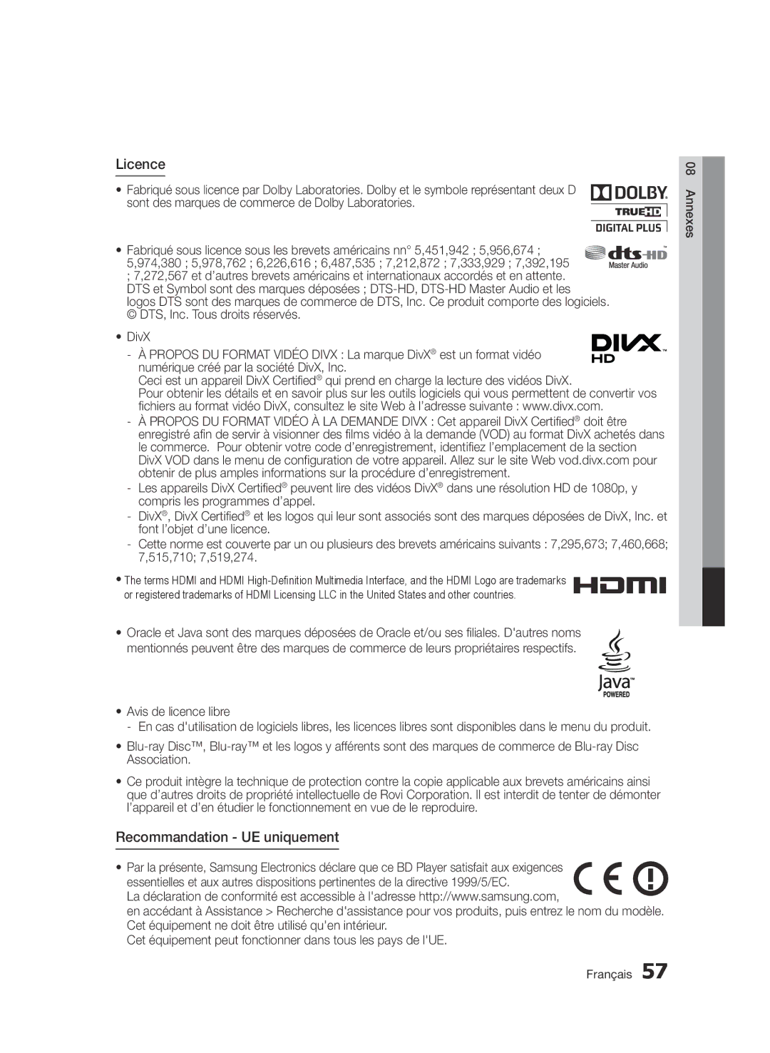 Samsung BD-D7500/EN, BD-D7500/XN, BD-D7500/ZF, BD-D7500B/ZF Licence, Recommandation UE uniquement, Avis de licence libre 