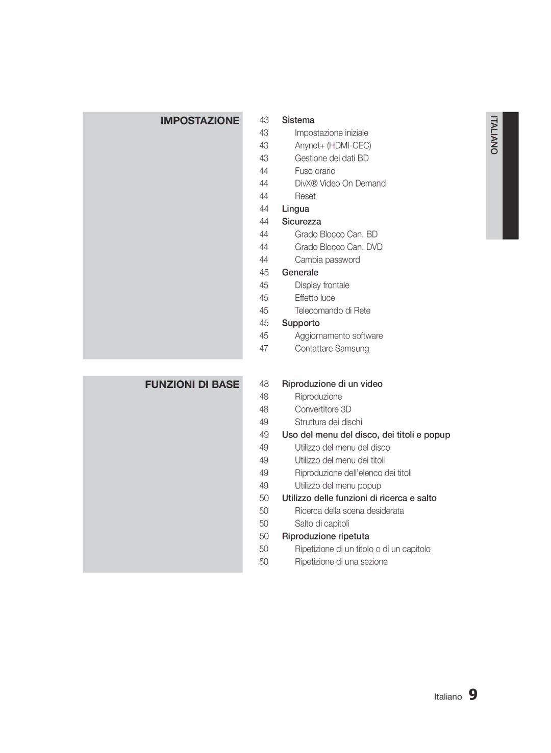 Samsung BD-D7500/XN, BD-D7500/ZF, BD-D7500B/ZF, BD-D7500/EN, BD-D7500E/ZF manual Impostazione Funzioni di base 