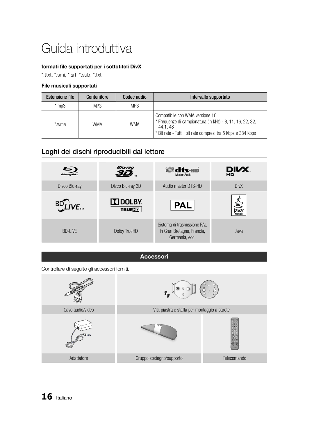 Samsung BD-D7500B/ZF Loghi dei dischi riproducibili dal lettore, Accessori, Formati file supportati per i sottotitoli DivX 