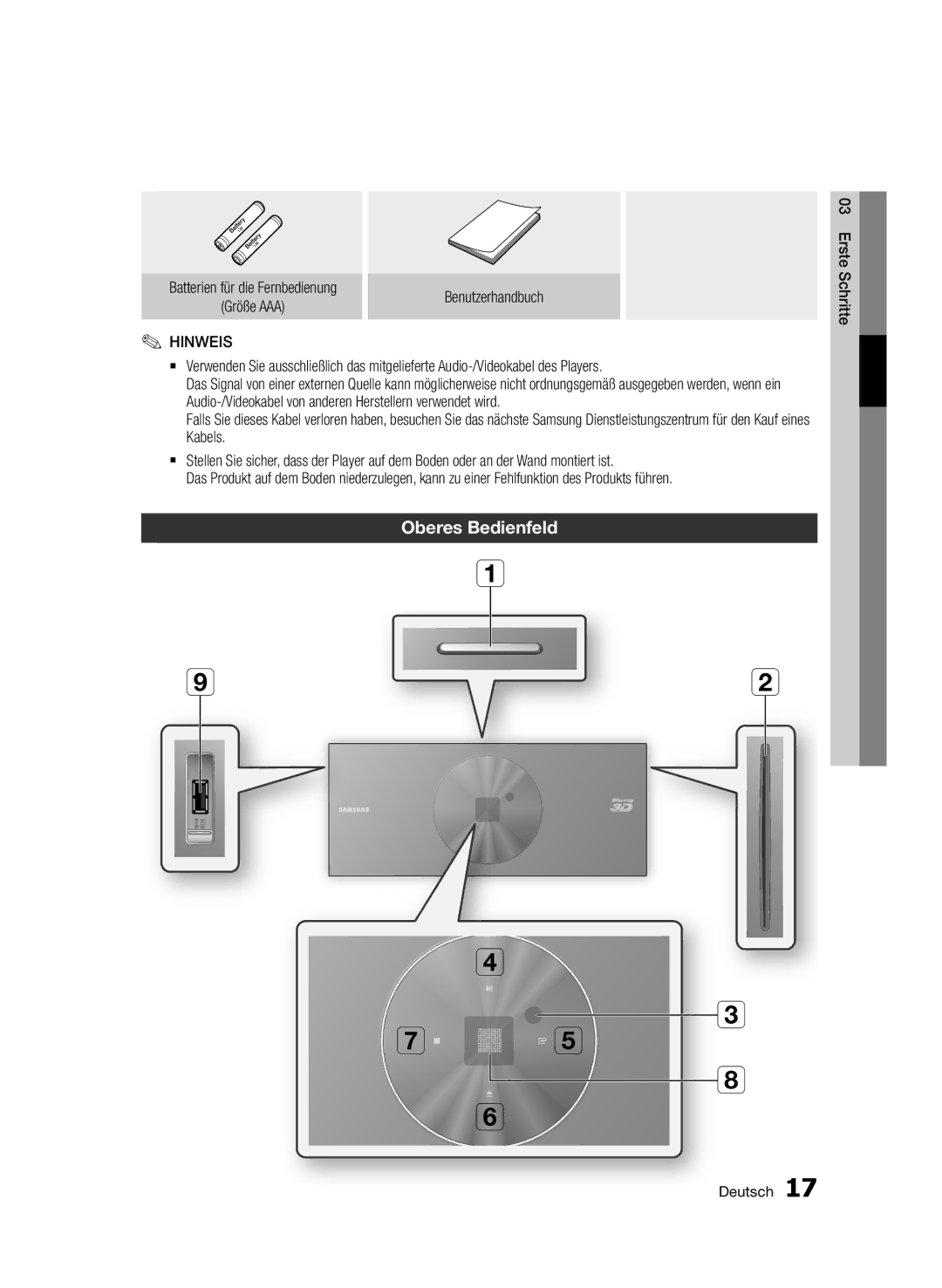 Samsung BD-D7509/ZG manual Oberes Bedienfeld, Batterien für die Fernbedienung Benutzerhandbuch Größe AAA 