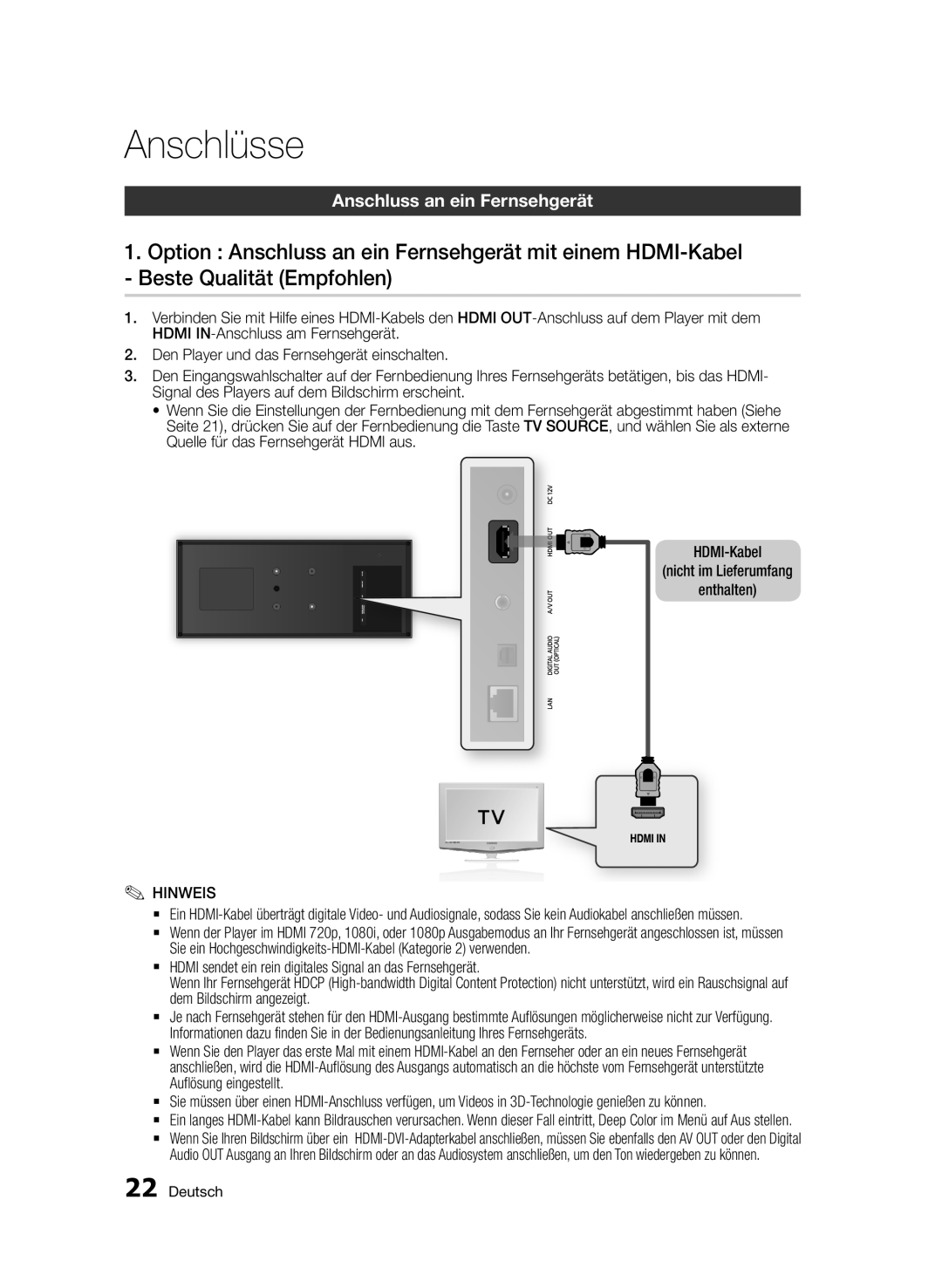 Samsung BD-D7509/ZG manual Anschlüsse, Anschluss an ein Fernsehgerät 