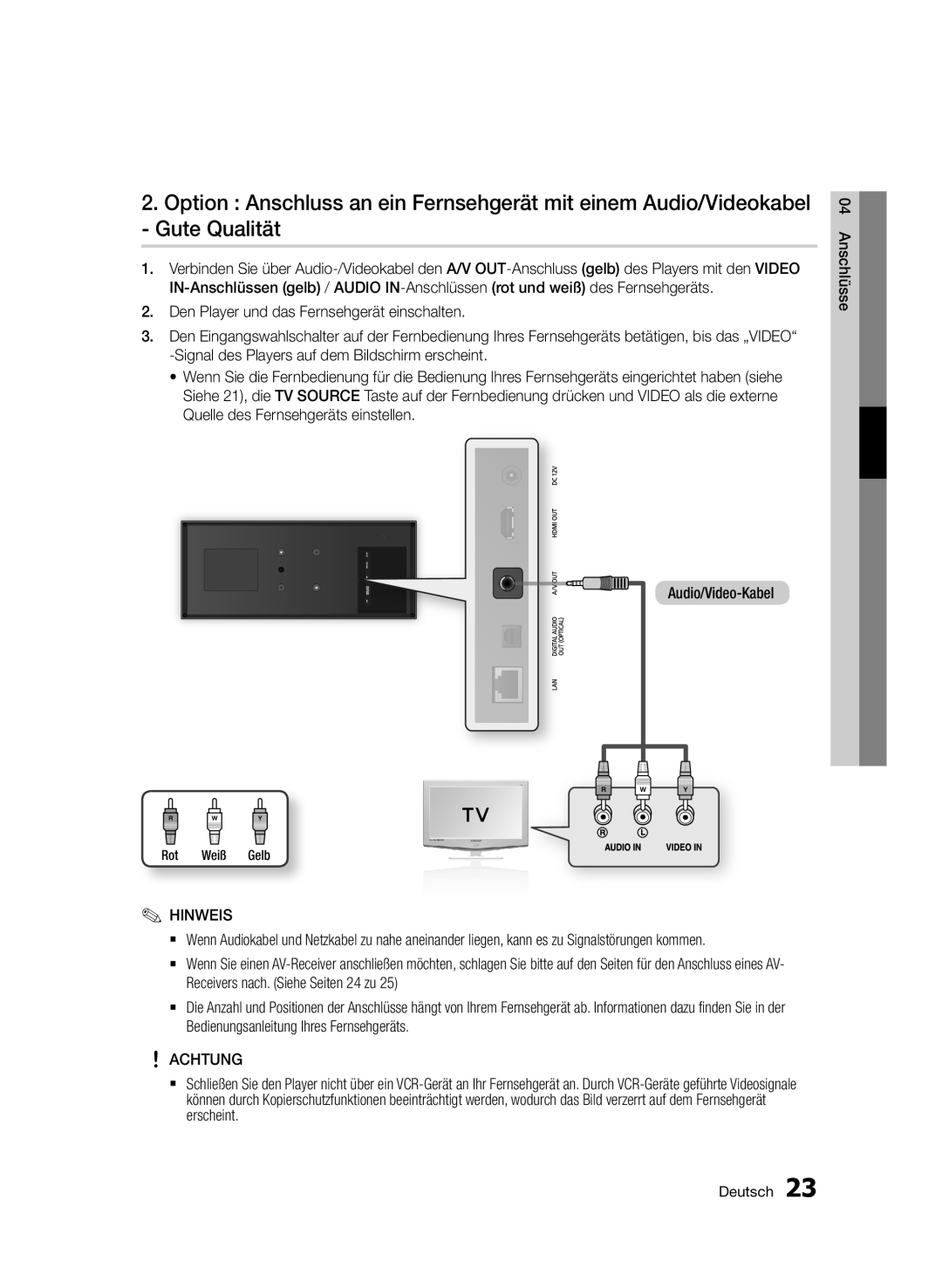 Samsung BD-D7509/ZG manual Achtung, Rot Weiß Gelb 