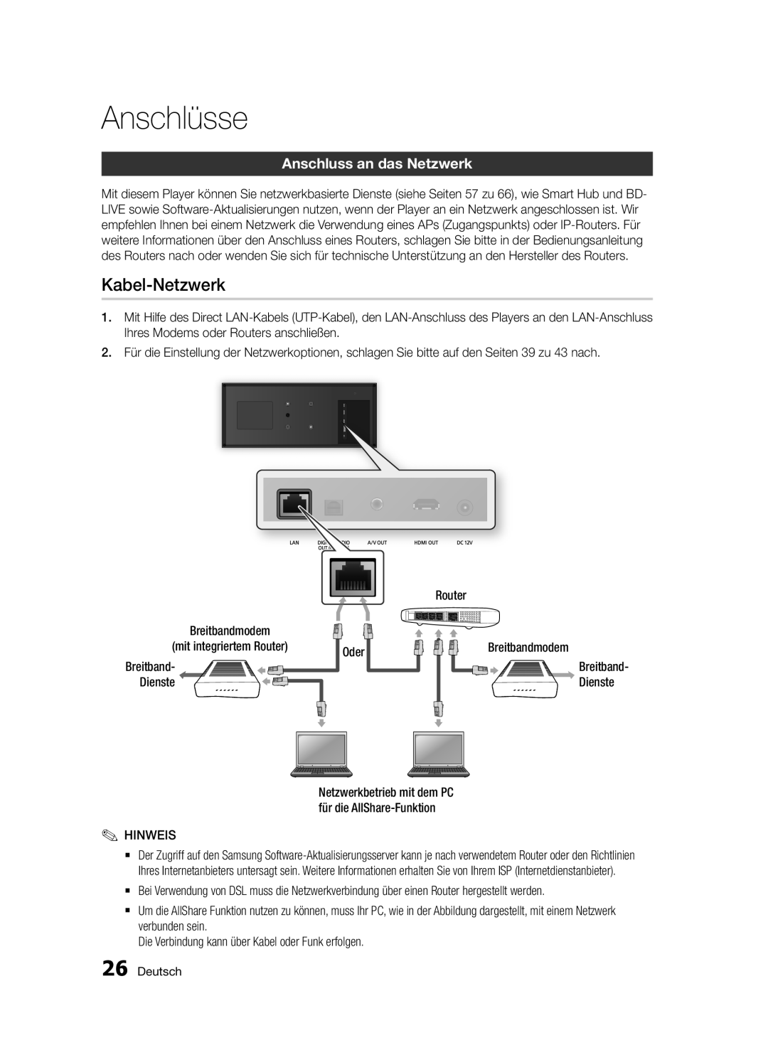 Samsung BD-D7509/ZG manual Kabel-Netzwerk, Anschluss an das Netzwerk 