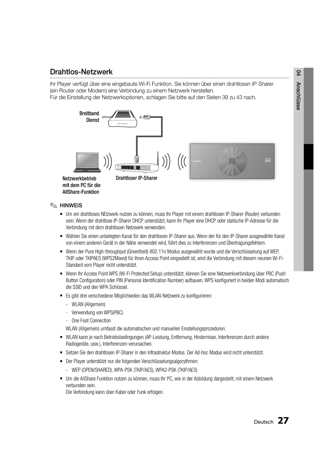 Samsung BD-D7509/ZG manual Drahtlos-Netzwerk, Netzwerkbetrieb, Mit dem PC für die AllShare-Funktion 