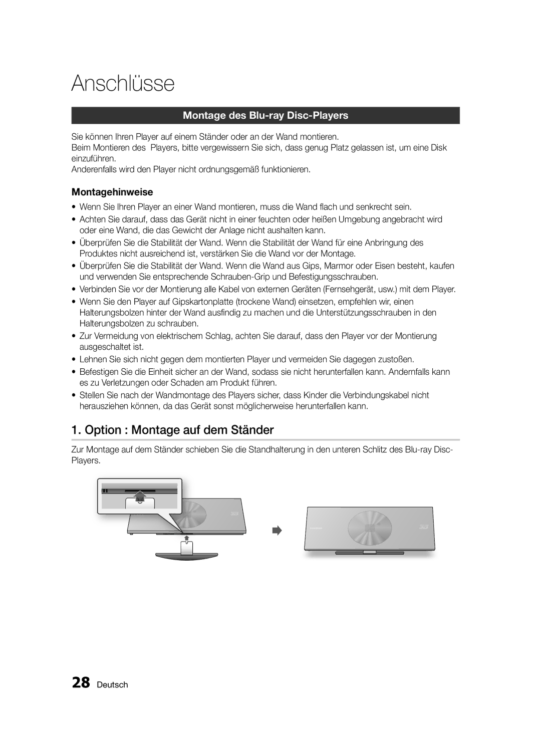 Samsung BD-D7509/ZG manual Option Montage auf dem Ständer, Montage des Blu-ray Disc-Players, Montagehinweise 