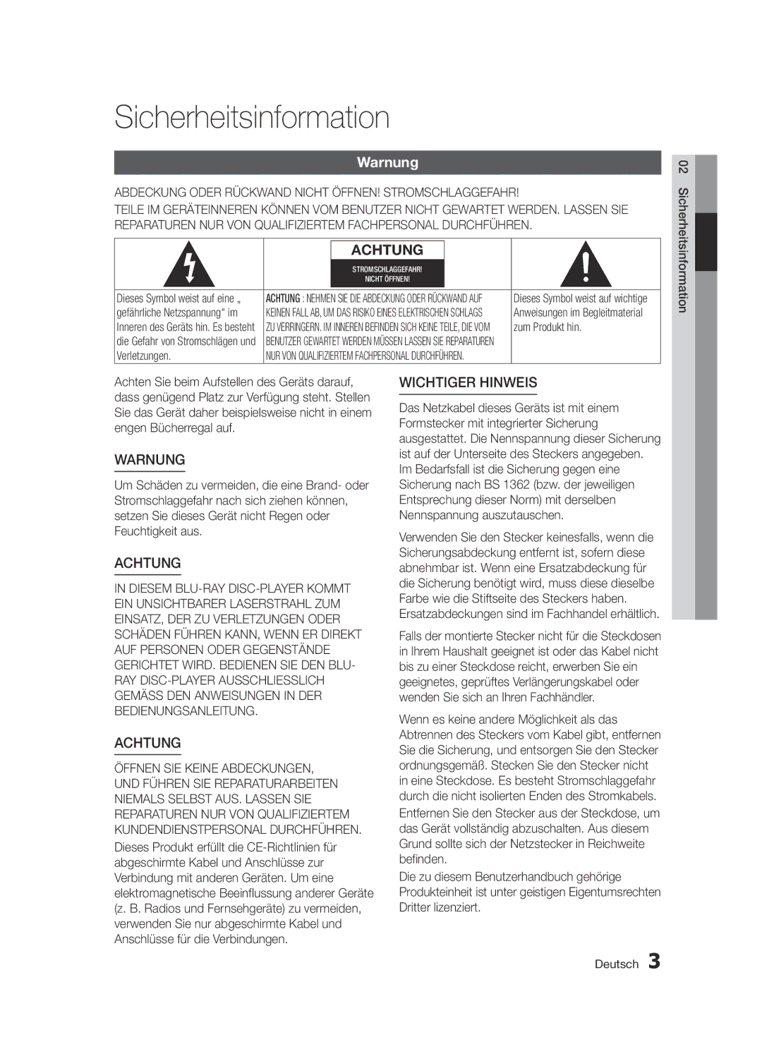 Samsung BD-D7509/ZG manual Sicherheitsinformation, Warnung, Abdeckung Oder Rückwand Nicht ÖFFNEN! Stromschlaggefahr 