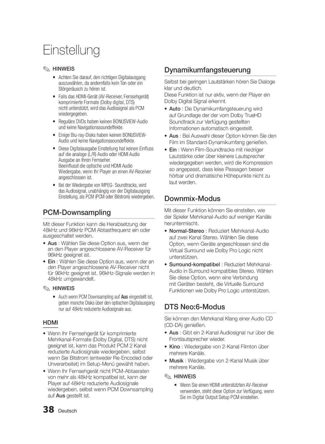 Samsung BD-D7509/ZG manual PCM-Downsampling, Dynamikumfangsteuerung, Downmix-Modus, DTS Neo6-Modus 