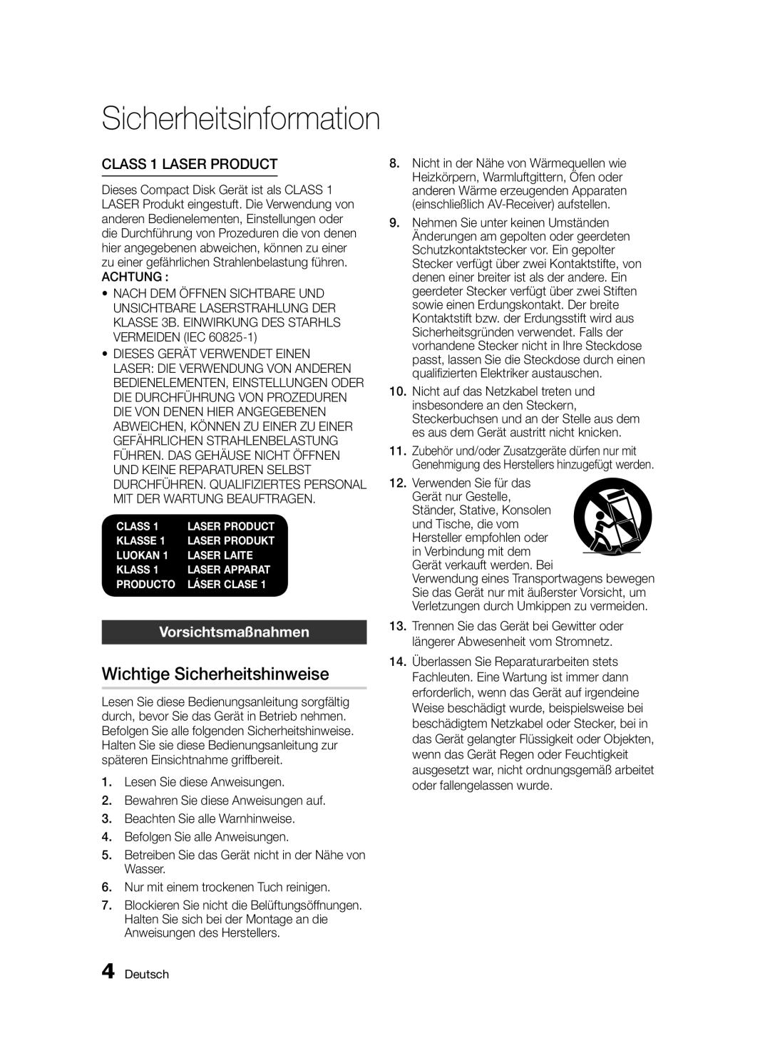 Samsung BD-D7509/ZG manual Wichtige Sicherheitshinweise, Vorsichtsmaßnahmen, Und Tische, die vom Hersteller empfohlen oder 