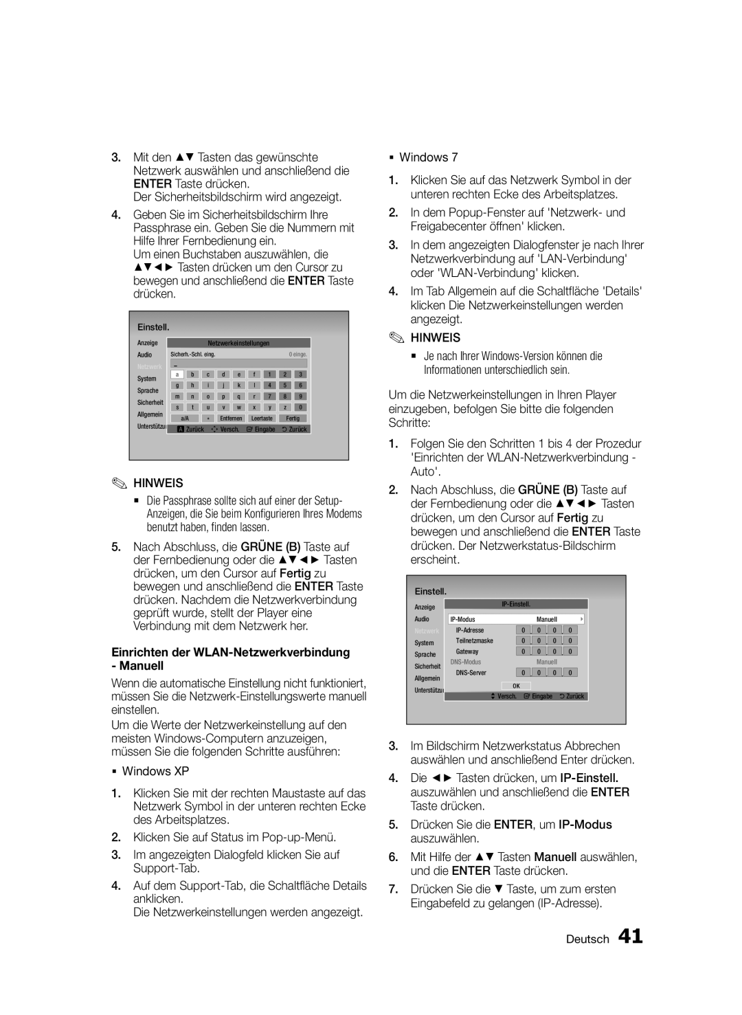 Samsung BD-D7509/ZG manual Der Sicherheitsbildschirm wird angezeigt, Einrichten der WLAN-Netzwerkverbindung Manuell 