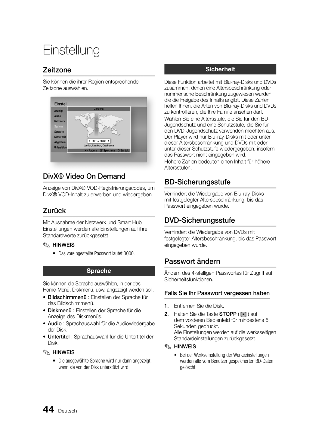 Samsung BD-D7509/ZG manual Zeitzone, DivX Video On Demand, Zurück, BD-Sicherungsstufe, DVD-Sicherungsstufe, Passwort ändern 