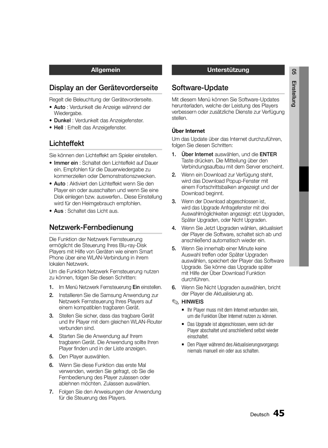 Samsung BD-D7509/ZG manual Display an der Gerätevorderseite, Lichteffekt, Netzwerk-Fernbedienung, Software-Update 