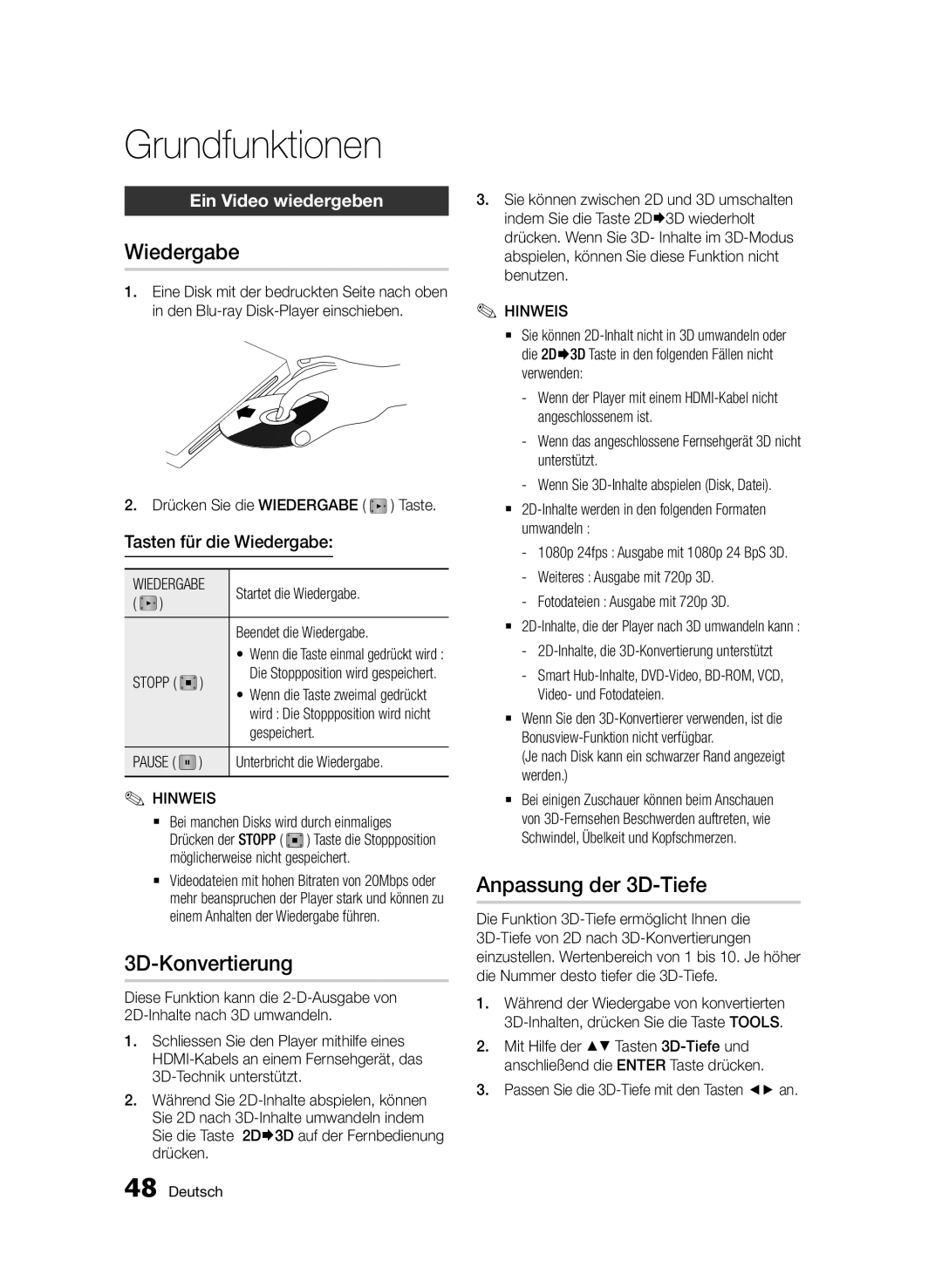 Samsung BD-D7509/ZG manual Grundfunktionen, Wiedergabe, 3D-Konvertierung, Anpassung der 3D-Tiefe, Ein Video wiedergeben 