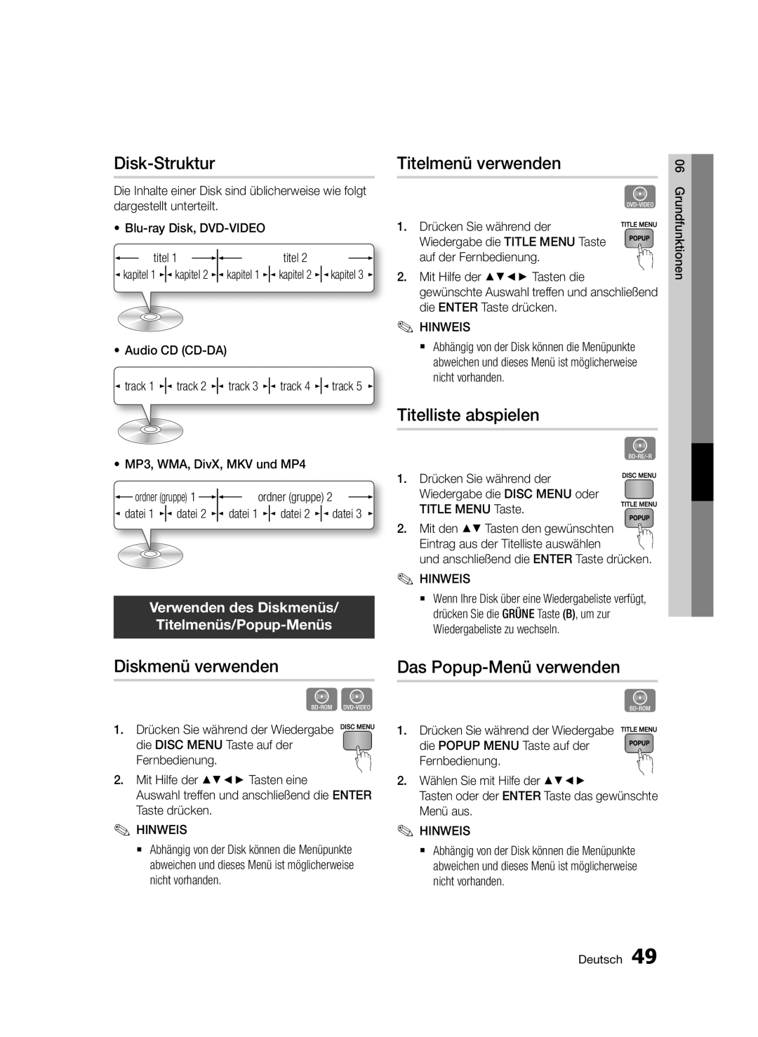 Samsung BD-D7509/ZG Disk-Struktur, Diskmenü verwenden, Titelmenü verwenden, Titelliste abspielen, Das Popup-Menü verwenden 