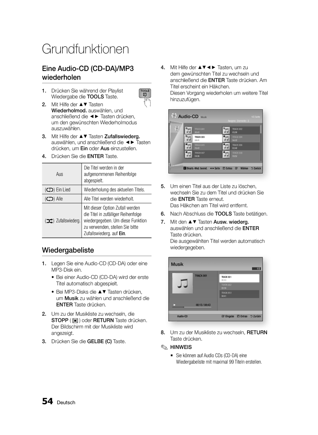 Samsung BD-D7509/ZG manual Eine Audio-CD CD-DA/MP3 wiederholen, Wiedergabeliste 