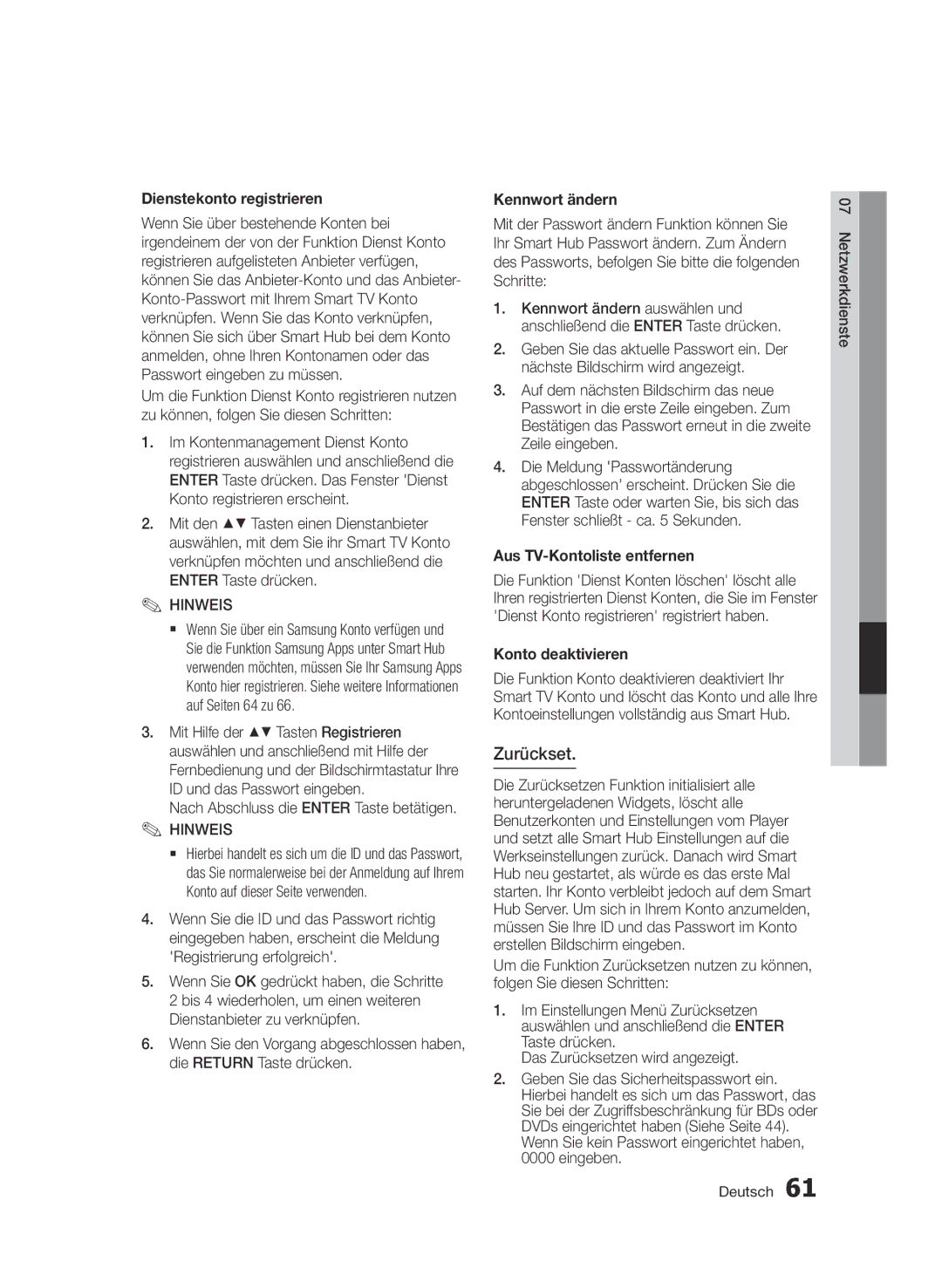 Samsung BD-D7509/ZG Zurückset, Dienstekonto registrieren, Kennwort ändern, Aus TV-Kontoliste entfernen, Konto deaktivieren 