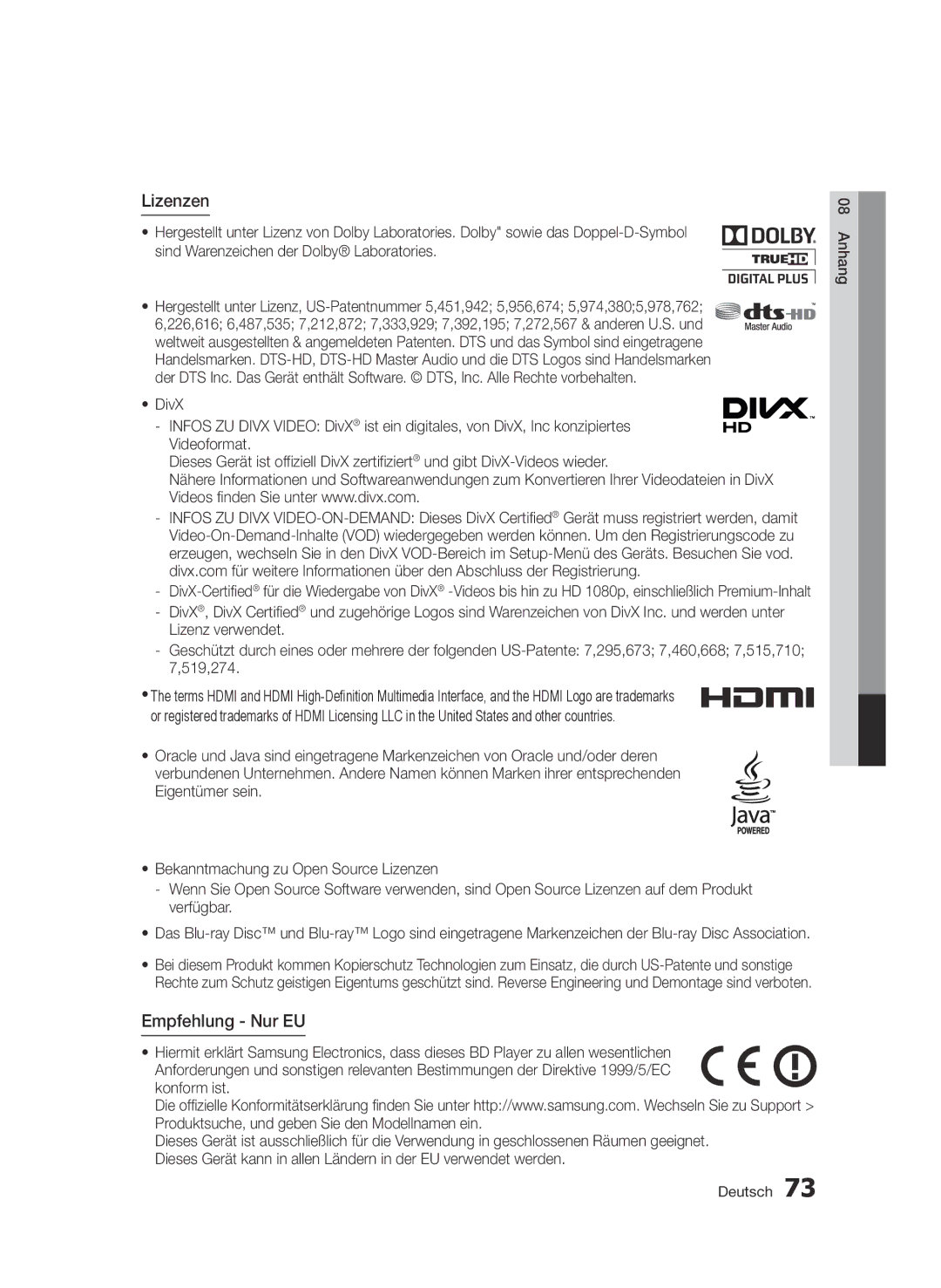 Samsung BD-D7509/ZG manual Lizenzen, Empfehlung Nur EU 