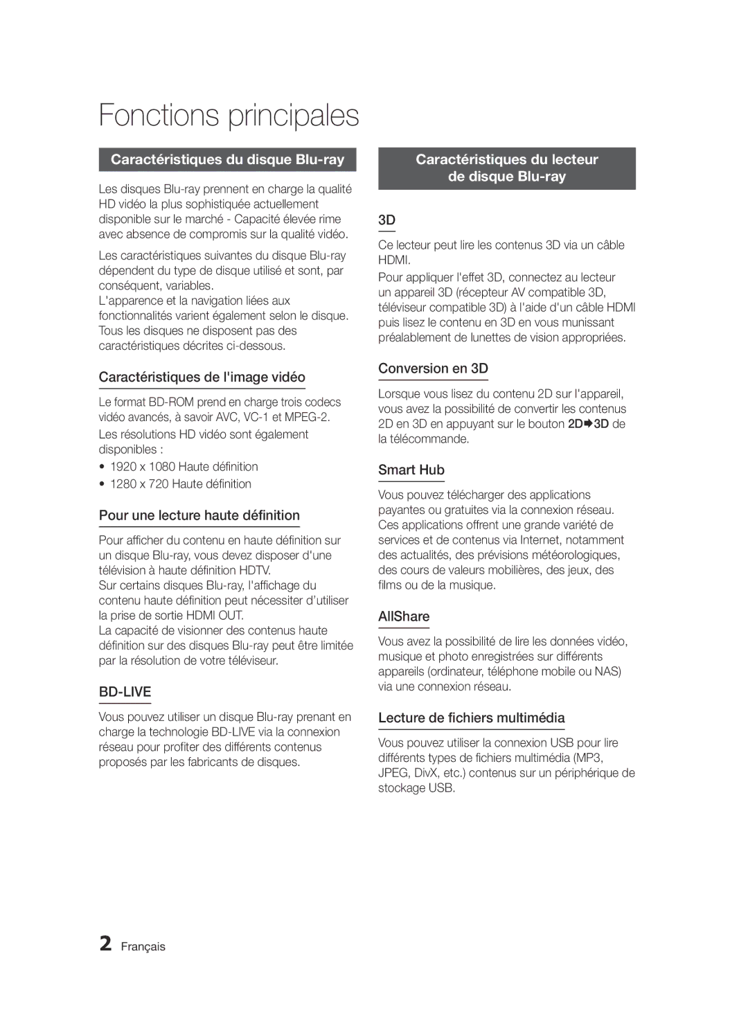 Samsung BD-D7509/ZG manual Caractéristiques du disque Blu-ray, Caractéristiques du lecteur De disque Blu-ray 