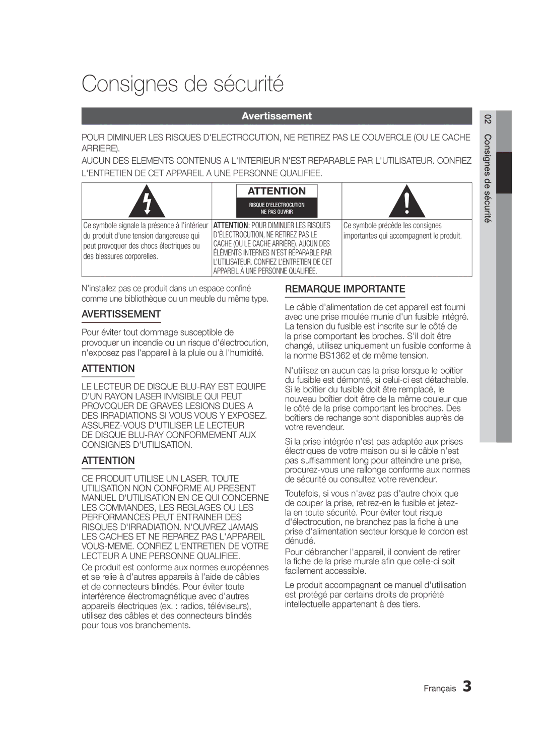 Samsung BD-D7509/ZG manual Consignes de sécurité, Avertissement 