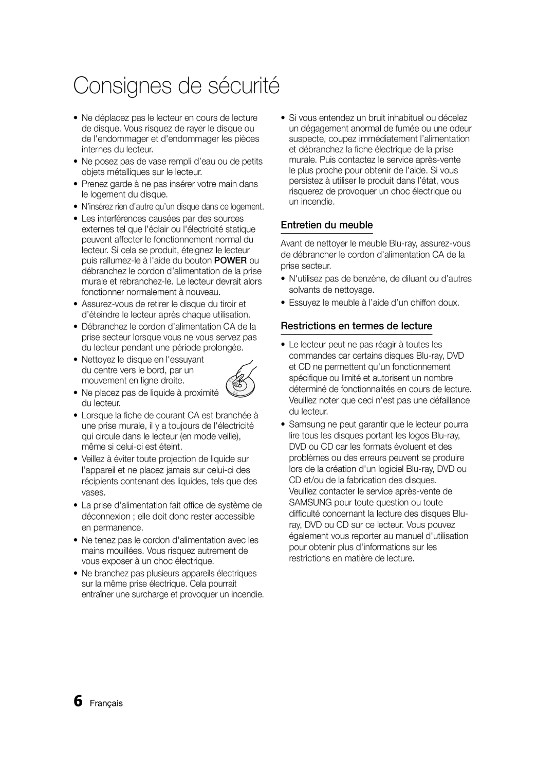 Samsung BD-D7509/ZG manual Entretien du meuble, Restrictions en termes de lecture 