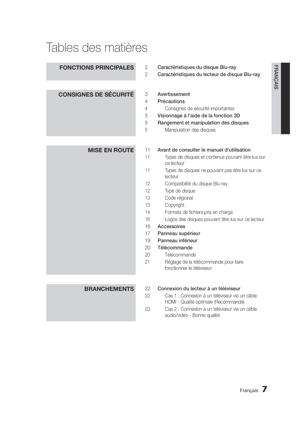 Samsung BD-D7509/ZG manual Tables des matières, Fonctions principales, Consignes de sécurité, Mise en route, Branchements 