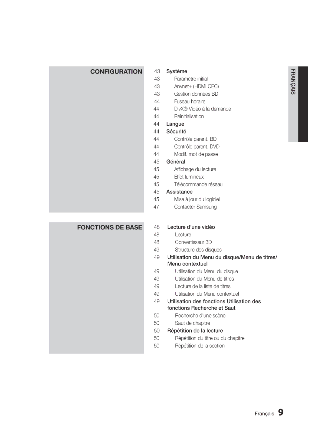 Samsung BD-D7509/ZG manual Configuration Fonctions de base 