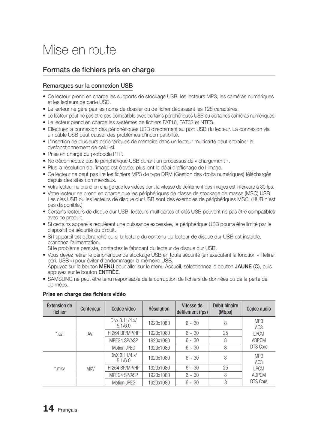 Samsung BD-D7509/ZG Formats de fichiers pris en charge, Remarques sur la connexion USB, Prise en charge des fichiers vidéo 