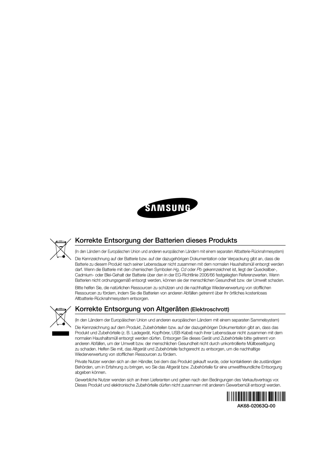 Samsung BD-D8200S/ZG, BD-D8509S/ZG manual Korrekte Entsorgung der Batterien dieses Produkts, AK68-02063Q-00 